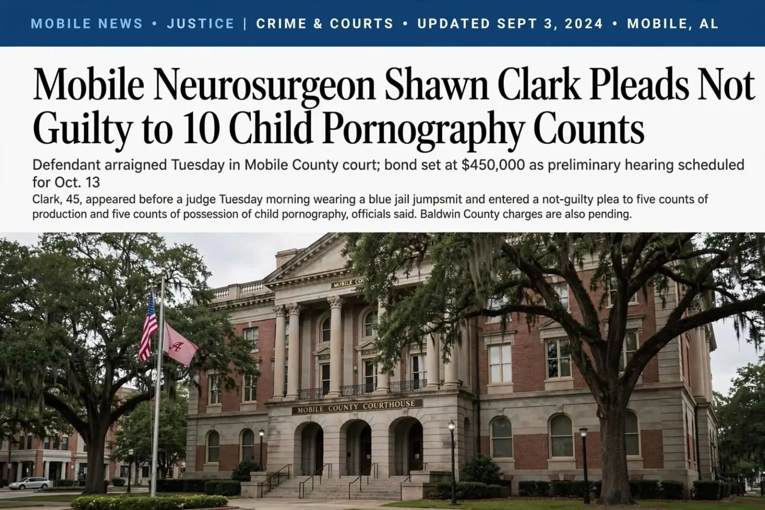 Illustration for the news story: Mobile Neurosurgeon Shawn Clark Pleads Not Guilty to 10 Child Pornography Counts