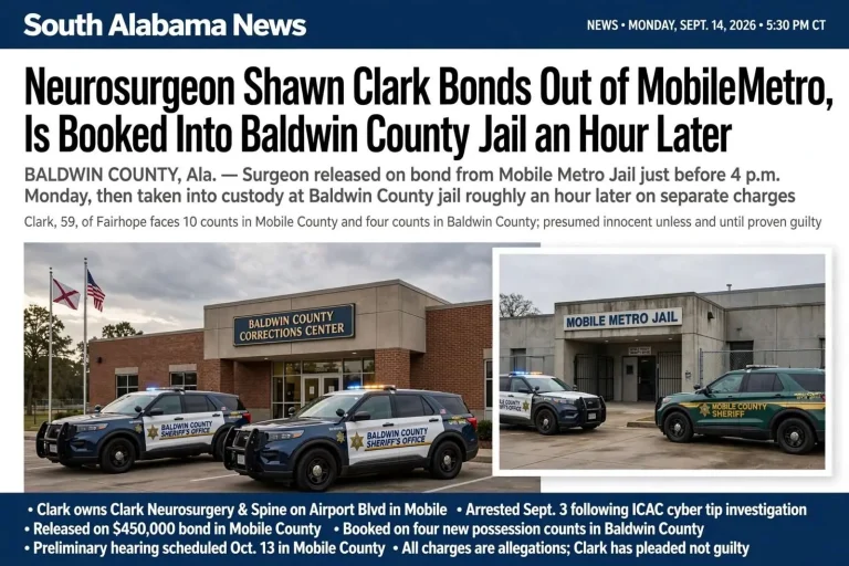 Illustration for the news story: Neurosurgeon Shawn Clark Bonds Out of Mobile Metro, Is Booked Into Baldwin County Jail an Hour Later