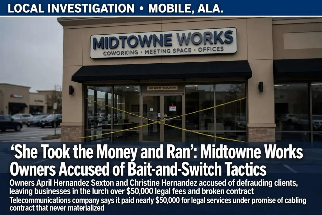 Illustration for the news story: ‘She Took the Money and Ran’: Midtowne Works Owners Accused of Bait-and-Switch Tactics, Leaving Clients and Businesses in the Lurch