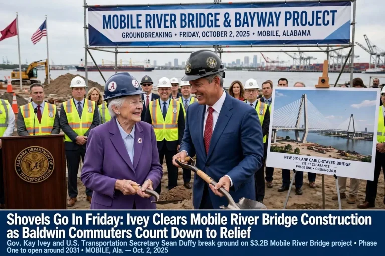 Illustration for the news story: Shovels Go In Friday: Ivey Clears Mobile River Bridge Construction as Baldwin Commuters Count Down to Relief