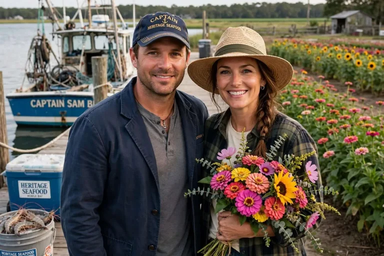 Illustration for the news story: Shrimp and Zinnias: A Fairhope Shrimp Boat Captain and the Flower Farmer He Married