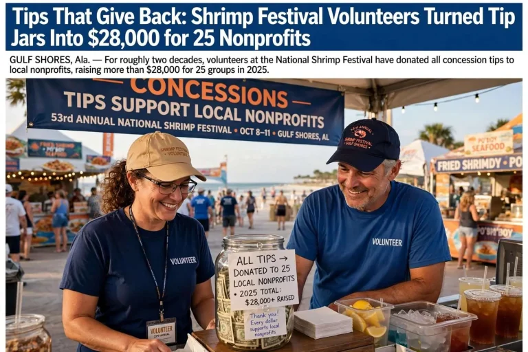 Illustration for the news story: Tips That Give Back: Shrimp Festival Volunteers Turned Tip Jars Into $28,000 for 25 Nonprofits