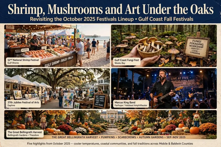 Illustration for the news story: Shrimp, Mushrooms and Art Under the Oaks: Revisiting the October 2025 Festivals Lineup