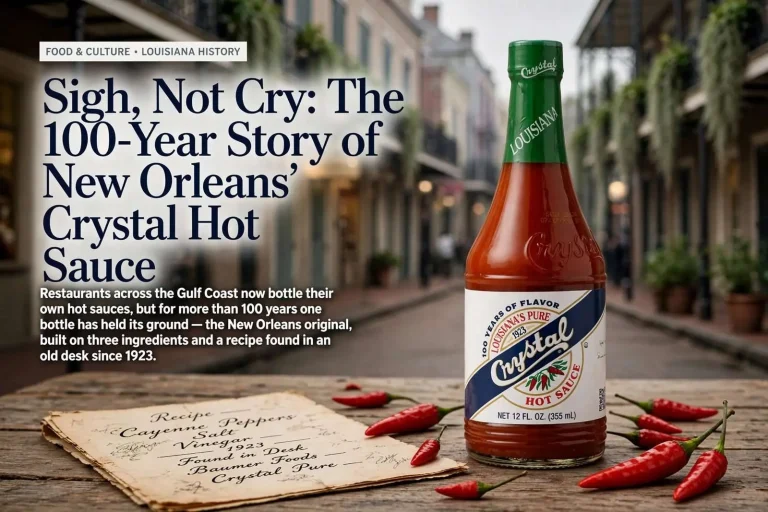 Illustration for the news story: Sigh, Not Cry: The 100-Year Story of New Orleans’ Crystal Hot Sauce