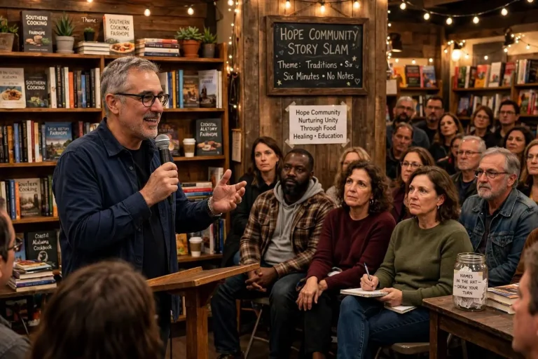 Illustration for the news story: Six Minutes, No Notes: Hope Community’s Story Slam Packs Fairhope’s Book Cellar