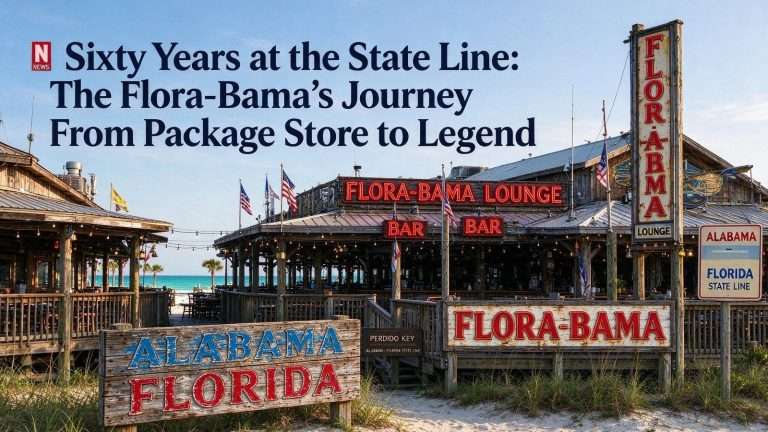 Illustration for the news story: Sixty Years at the State Line: The Flora-Bama’s Journey From Package Store to Legend