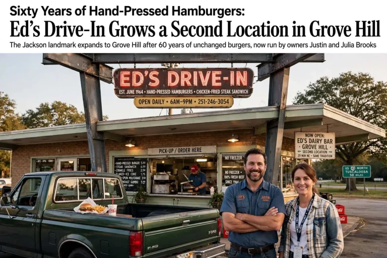 Illustration for the news story: Sixty Years of Hand-Pressed Hamburgers: Ed’s Drive-In Grows a Second Location in Grove Hill