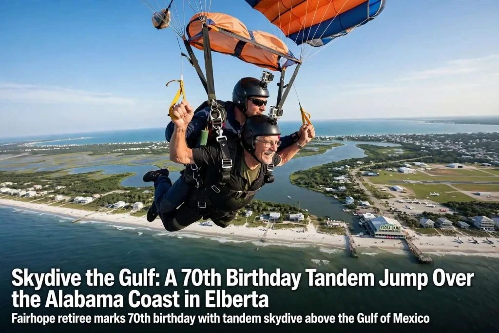 Illustration for the news story: Skydive the Gulf: A 70th Birthday Tandem Jump Over the Alabama Coast in Elberta