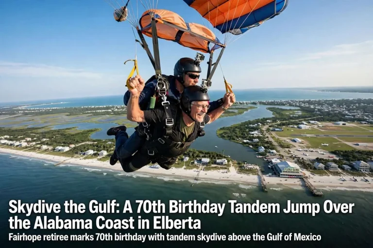 Illustration for the news story: Skydive the Gulf: A 70th Birthday Tandem Jump Over the Alabama Coast in Elberta