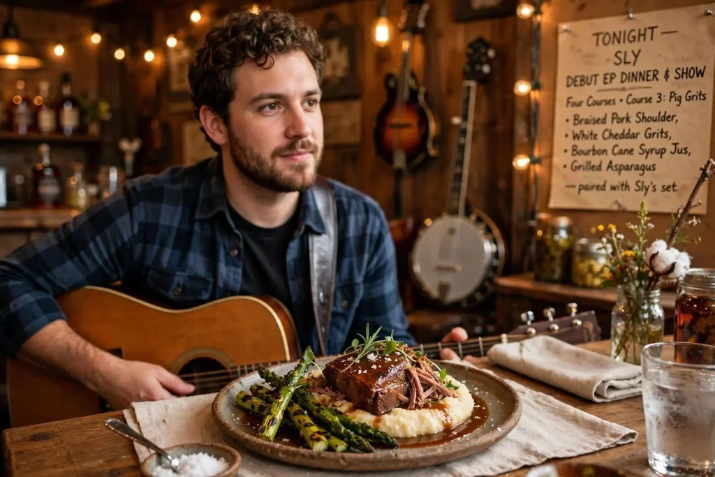 Illustration for the news story: Pig Grits and Bluegrass: A Local Songwriter’s Debut Gets Paired With a Four-Course Menu