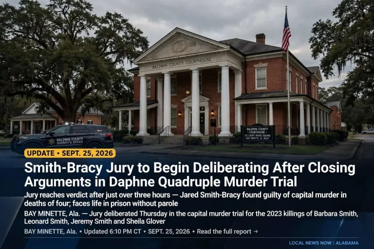 Illustration for the news story: Smith-Bracy Jury to Begin Deliberating After Closing Arguments in Daphne Quadruple Murder Trial
