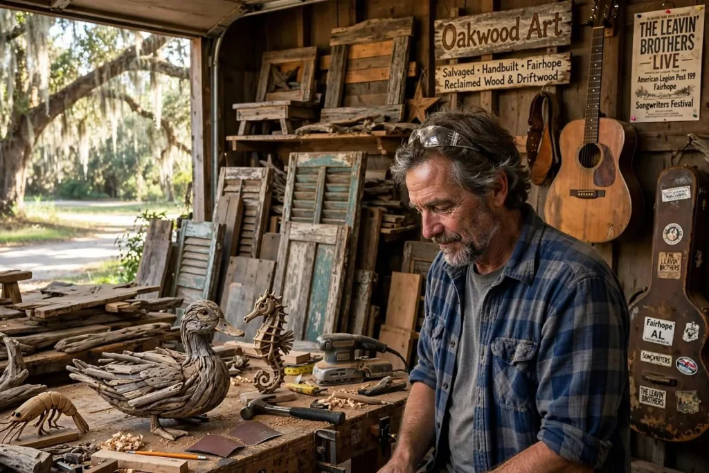 Illustration for the news story: Songs and Sawdust: Evans Davis Builds a Legacy From Old Barns and Beach Driftwood in Fairhope