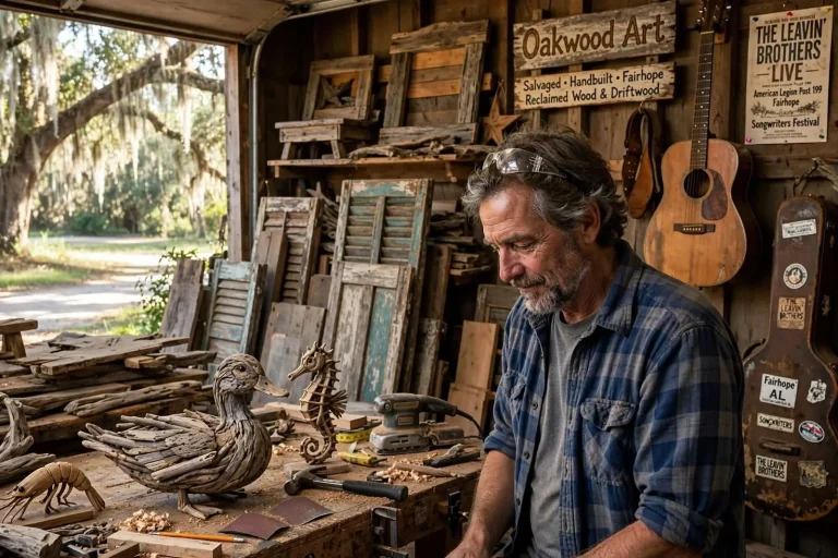 Illustration for the news story: Songs and Sawdust: Evans Davis Builds a Legacy From Old Barns and Beach Driftwood in Fairhope