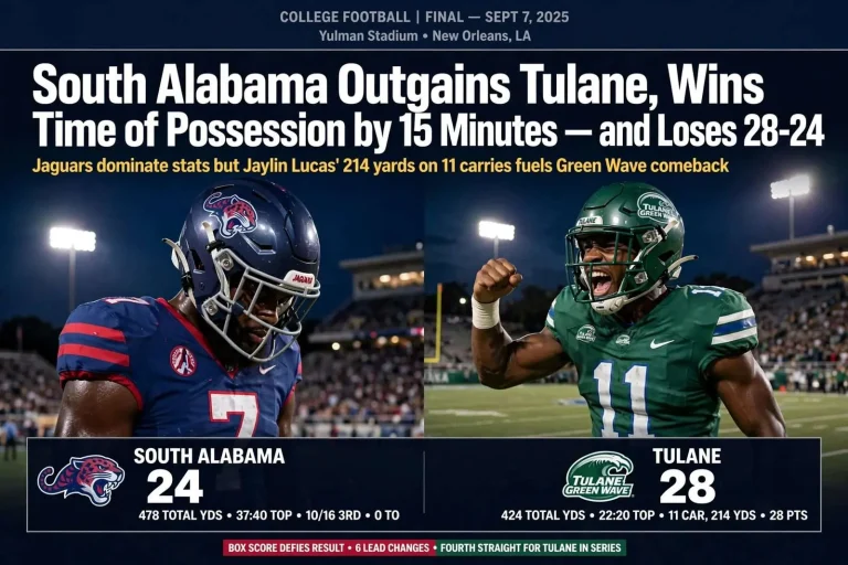 Illustration for the news story: South Alabama Outgains Tulane, Wins Time of Possession by 15 Minutes — and Loses 28-24