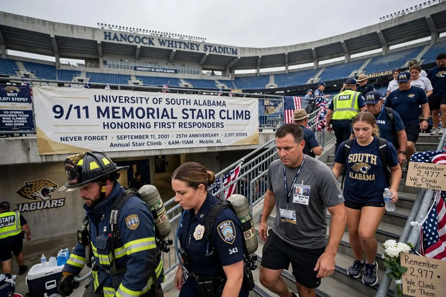 Illustration for the news story: South Alabama 9/11 Stair Climb Honors First Responders at Hancock Whitney Stadium