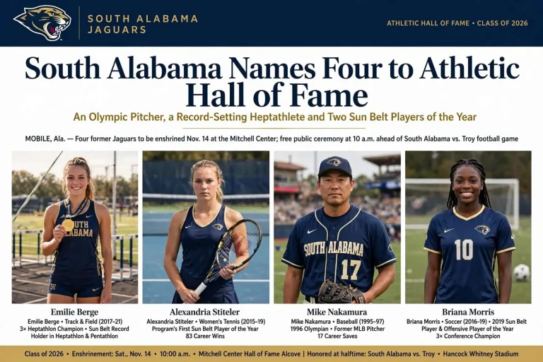 Illustration for the news story: South Alabama Names Four to Athletic Hall of Fame: An Olympic Pitcher, a Record-Setting Heptathlete and Two Sun Belt Players of the Year