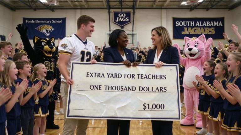 Illustration for the news story: A Pep Band, a Mascot and a $1,000 Check: How South Alabama Surprised Fonde Elementary