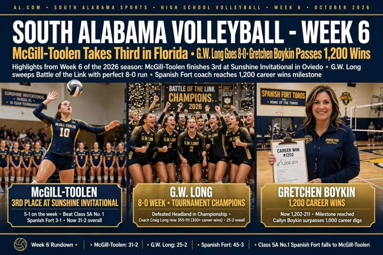 Illustration for the news story: South Alabama Volleyball Week 6: McGill-Toolen Takes Third in Florida, G.W. Long Goes 8-0, Gretchen Boykin Passes 1,200 Wins