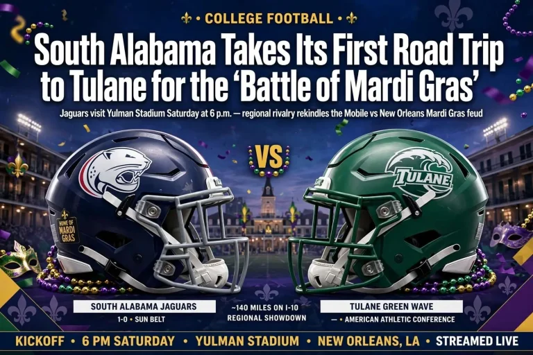 Illustration for the news story: South Alabama Takes Its First Road Trip to Tulane for the ‘Battle of Mardi Gras’