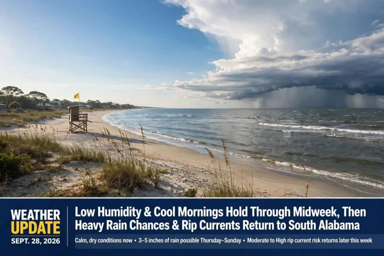 Illustration for the news story: Low Humidity and Cool Mornings Hold Through Midweek, Then Heavy Rain Chances and Rip Currents Return to South Alabama