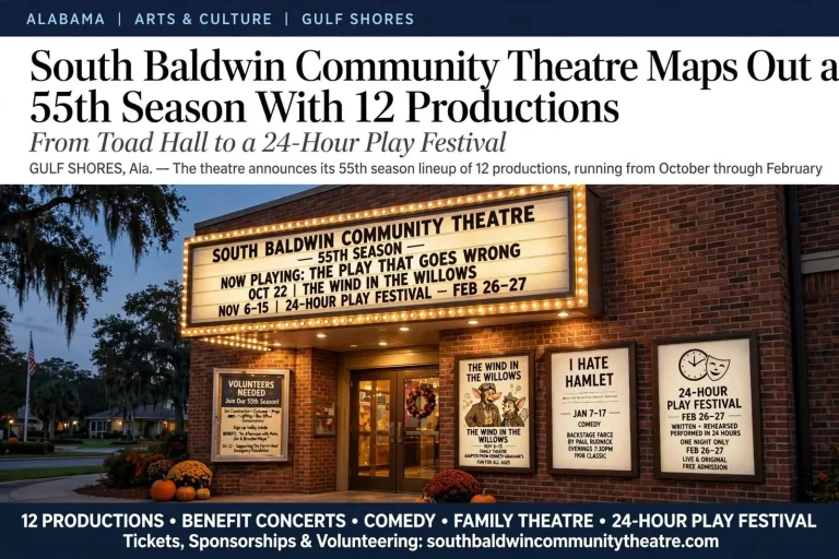 Illustration for the news story: South Baldwin Community Theatre Maps Out a 55th Season With 12 Productions, From Toad Hall to a 24-Hour Play Festival