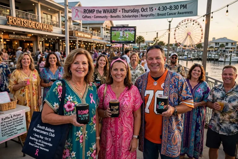 Illustration for the news story: Caftans, Koozies and Scholarships: South Baldwin Newcomers Bring ‘Romp the Wharf’ to Orange Beach Oct. 15