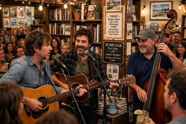 Illustration for the news story: Southern Gulf Grass: The Leavin’ Brothers Bring a Hometown Sound to Fairhope’s Friday Nights