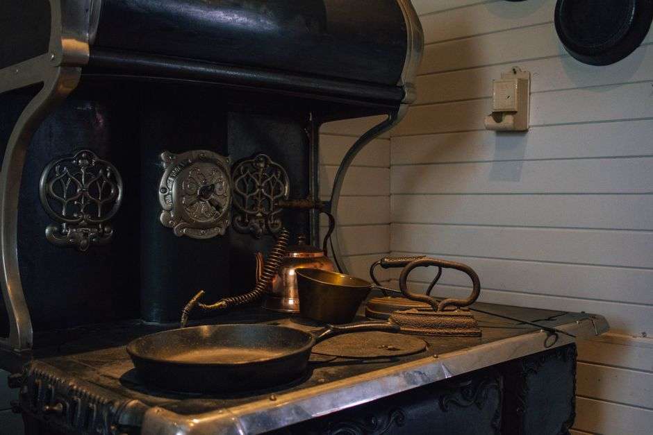 Southern dishes and a cast iron skillet on a kitchen counter