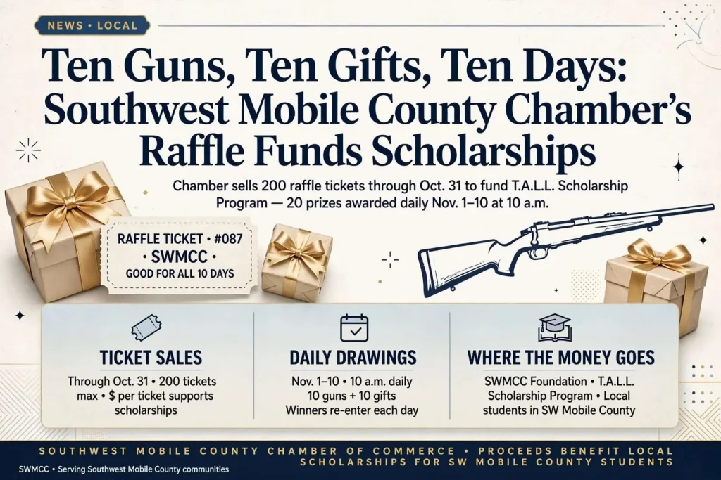 Illustration for the news story: Ten Guns, Ten Gifts, Ten Days: Southwest Mobile County Chamber’s Raffle Funds Scholarships