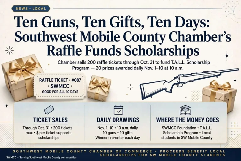 Illustration for the news story: Ten Guns, Ten Gifts, Ten Days: Southwest Mobile County Chamber’s Raffle Funds Scholarships