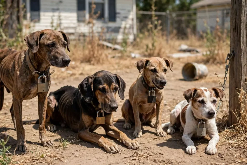 Illustration for the news story: Four Dogs With Padlocks Around Their Necks Seized From Spanish Fort Home