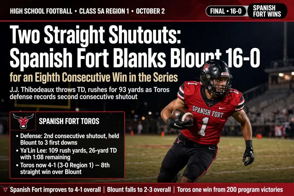 Illustration for the news story: Two Straight Shutouts: Spanish Fort Blanks Blount 16-0 for an Eighth Consecutive Win in the Series