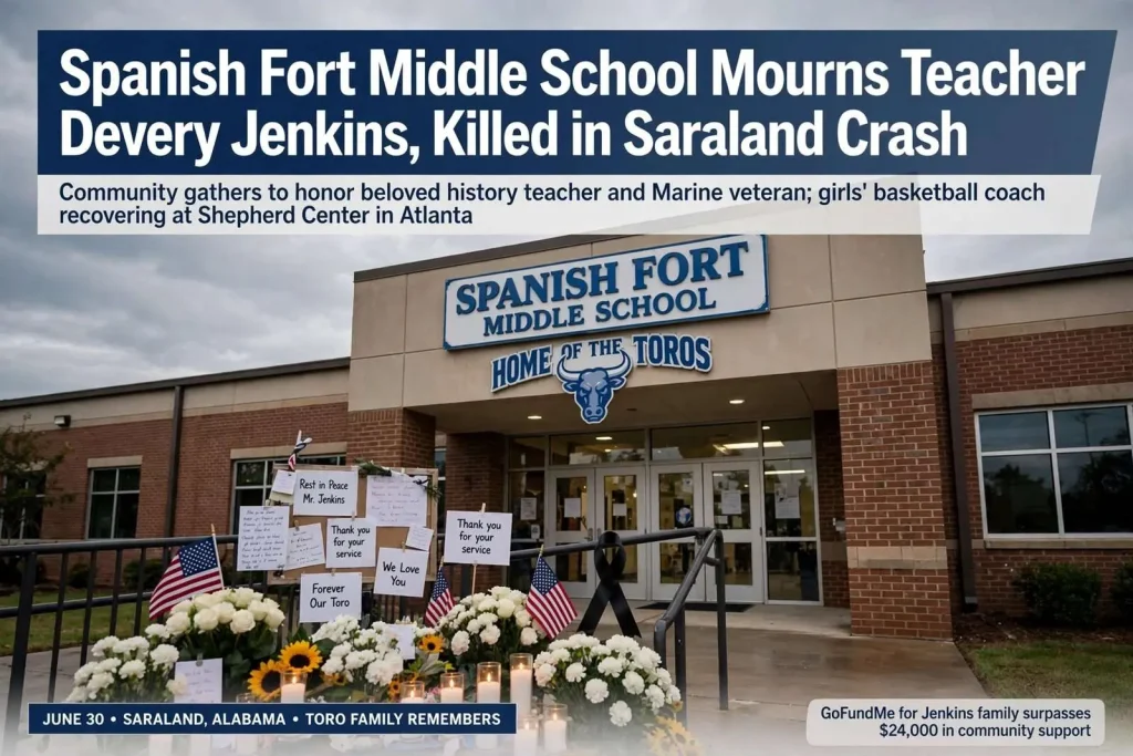 Illustration for the news story: Spanish Fort Middle School Mourns Teacher Devery Jenkins, Killed in Saraland Crash