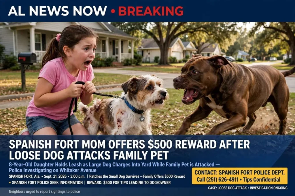 Illustration for the news story: Spanish Fort Mom Offers $500 Reward After Loose Dog Attacks Family Pet as 8-Year-Old Daughter Holds Leash