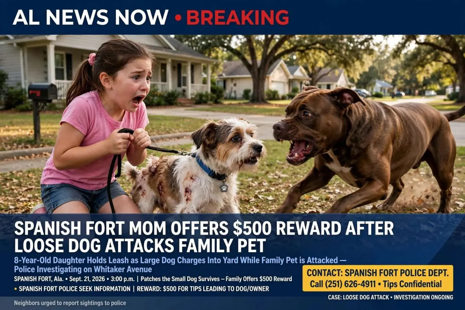 Illustration for the news story: Spanish Fort Mom Offers $500 Reward After Loose Dog Attacks Family Pet as 8-Year-Old Daughter Holds Leash