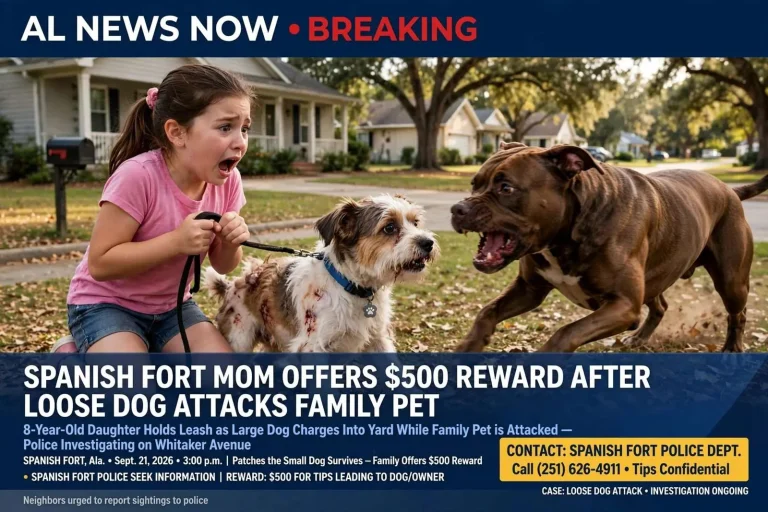 Illustration for the news story: Spanish Fort Mom Offers $500 Reward After Loose Dog Attacks Family Pet as 8-Year-Old Daughter Holds Leash