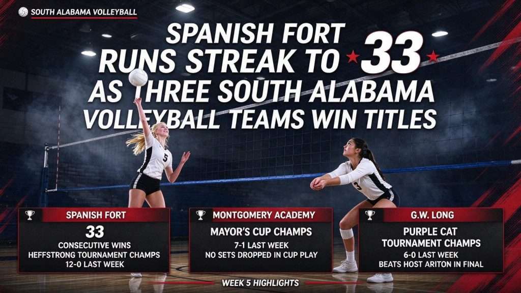 Illustration for the news story: Spanish Fort Runs Streak to 33 as Three South Alabama Volleyball Teams Win Titles