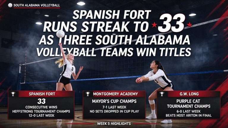Illustration for the news story: Spanish Fort Runs Streak to 33 as Three South Alabama Volleyball Teams Win Titles