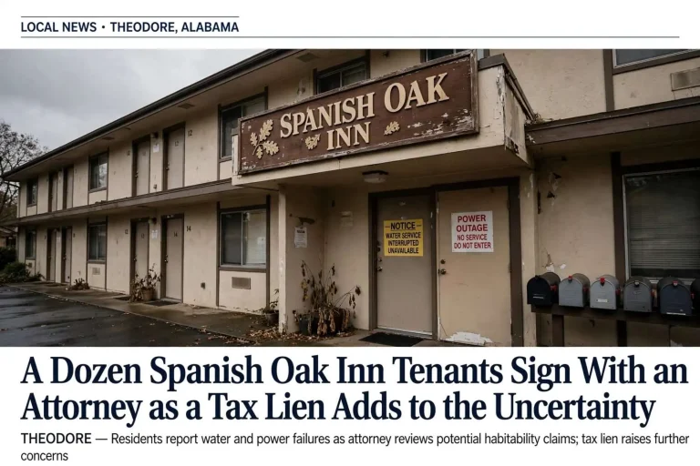 Illustration for the news story: A Dozen Spanish Oak Inn Tenants Sign With an Attorney as a Tax Lien Adds to the Uncertainty