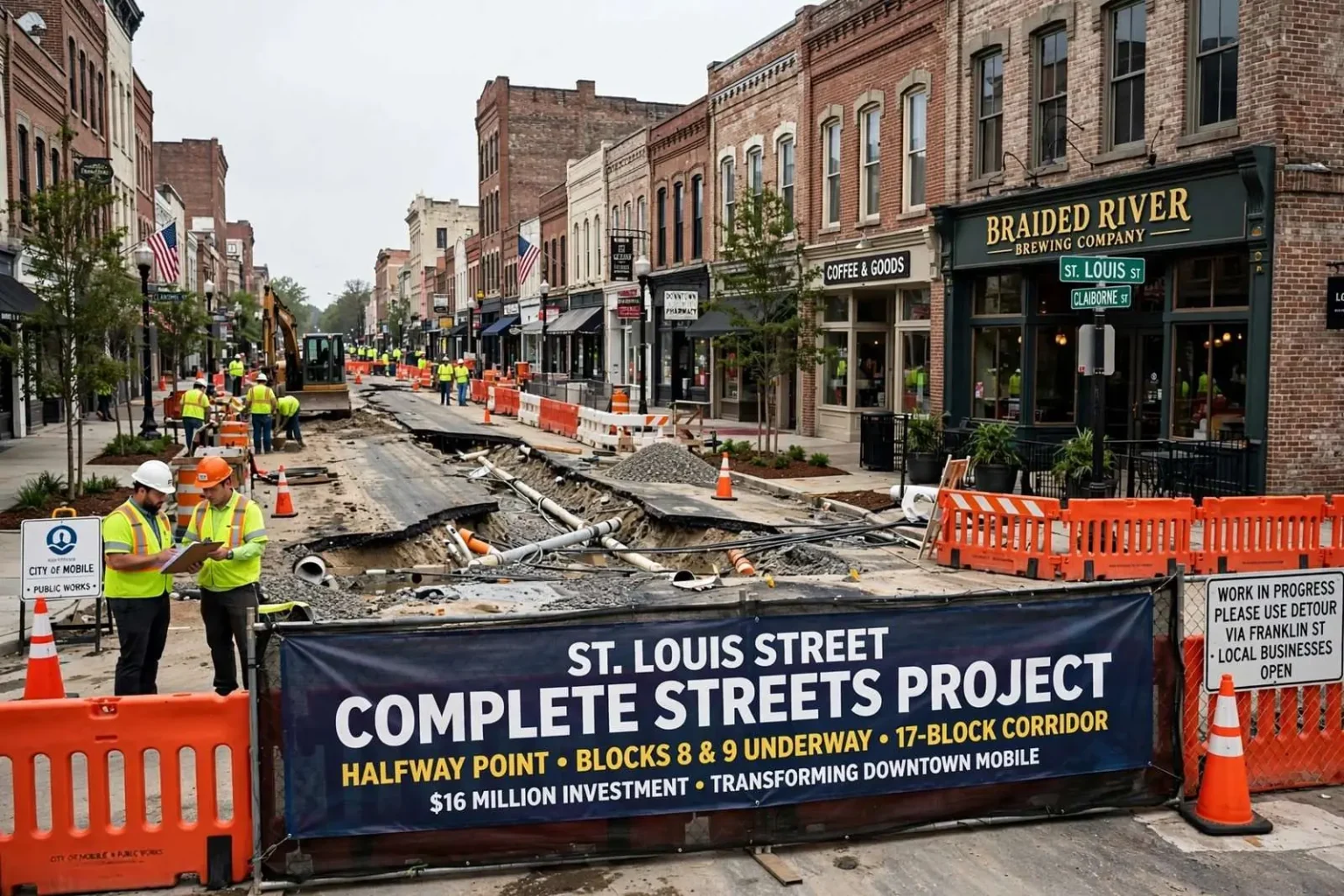 Illustration for the news story: St. Louis Street ‘Complete Streets’ Project Reaches Halfway Point in Downtown Mobile