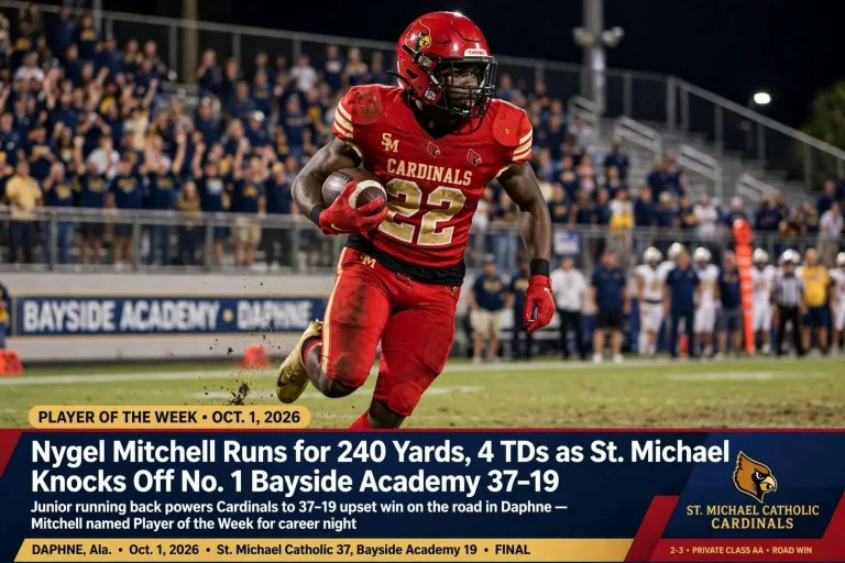 Illustration for the news story: Nygel Mitchell Runs for 240 Yards, 4 TDs as St. Michael Knocks Off No. 1 Bayside Academy 37-19