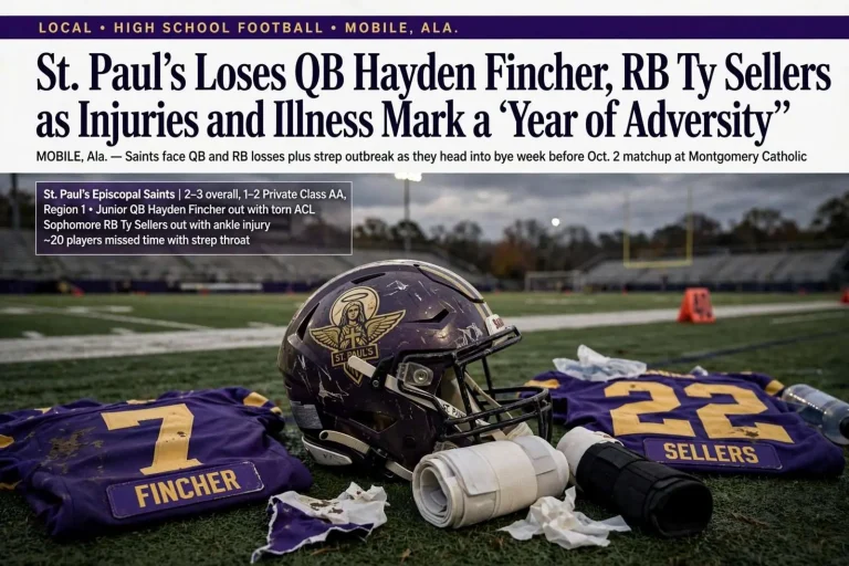 Illustration for the news story: St. Paul’s Loses QB Hayden Fincher, RB Ty Sellers as Injuries and Illness Mark a ‘Year of Adversity’