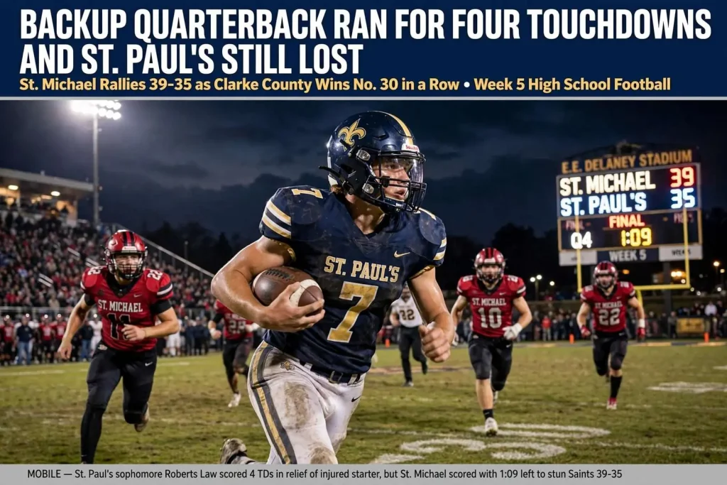 Illustration for the news story: A Backup Quarterback Ran for Four Touchdowns and St. Paul’s Still Lost: St. Michael Rallies 39-35 as Clarke County Wins No. 30 in a Row