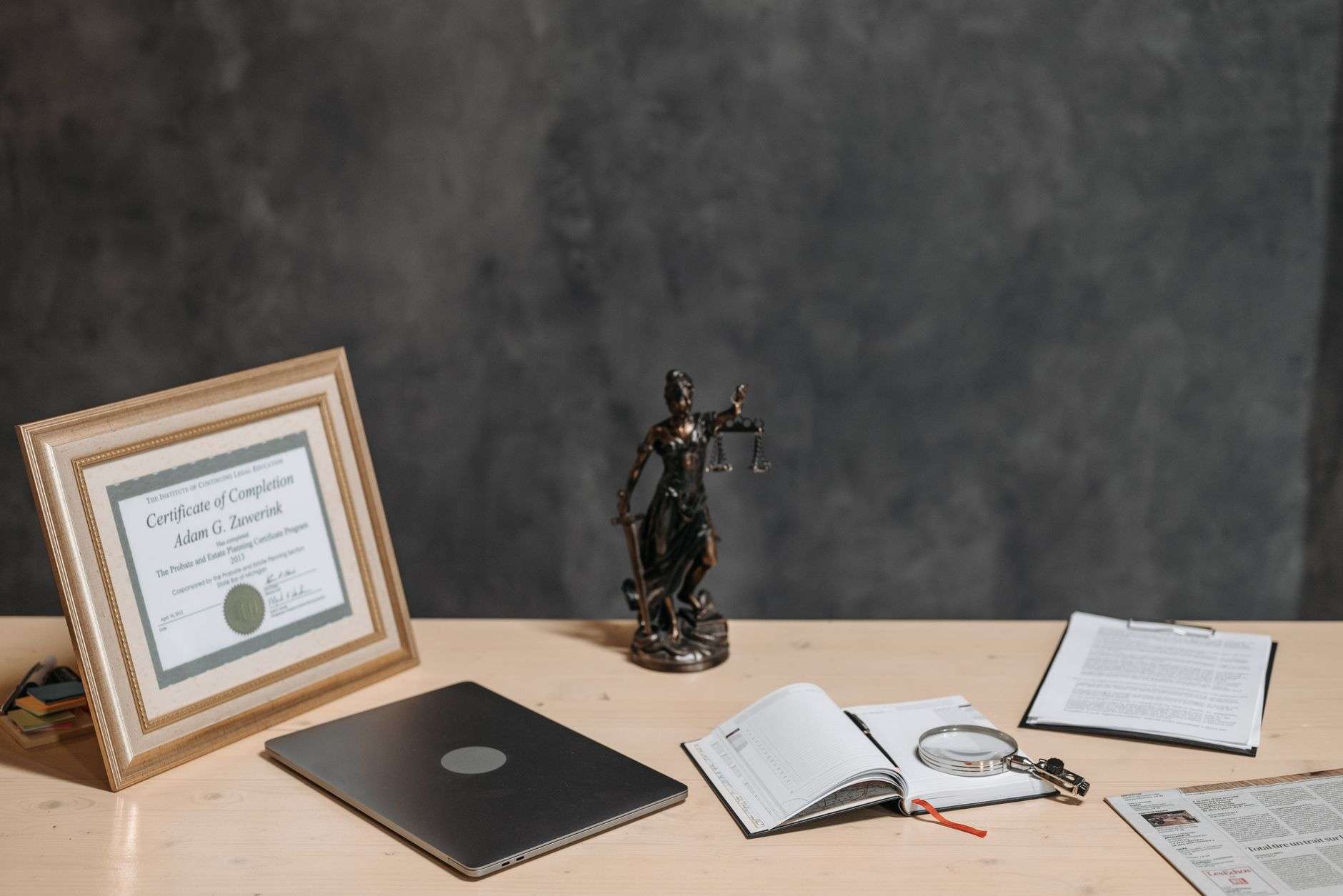 Legal documents and files on an office desk