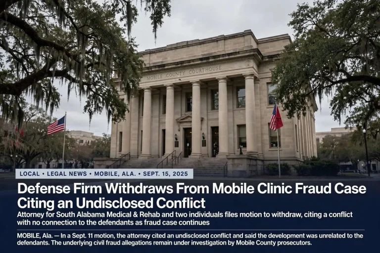Illustration for the news story: Defense Firm Withdraws From Mobile Clinic Fraud Case Citing an Undisclosed Conflict