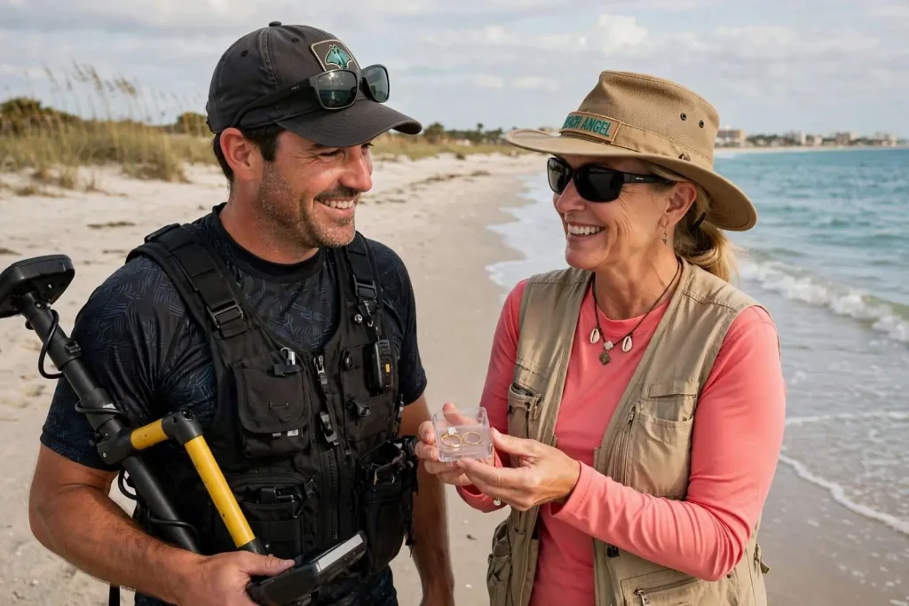 Illustration for the news story: ‘Stingray’ and ‘Beach Angel’: The Metal Detectorists Returning Lost Rings to Gulf Coast Vacationers