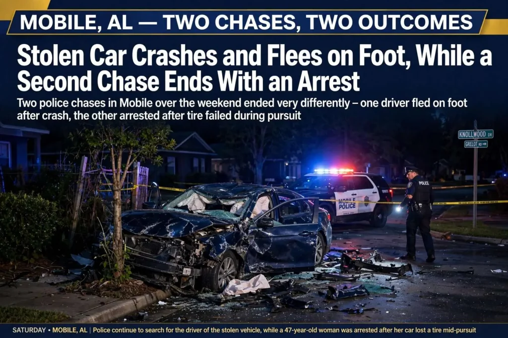 Illustration for the news story: Stolen Car Crashes and Flees on Foot, While a Second Chase Ends With an Arrest