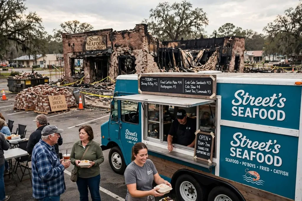 Illustration for the news story: Six Weeks After the Fire, Street’s Seafood Is Still Feeding Bay Minette — From a Food Truck in Its Own Parking Lot