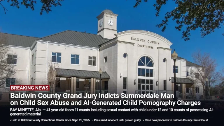 Illustration for the news story: Baldwin County Grand Jury Indicts Summerdale Man on Child Sex Abuse and AI-Generated Child Pornography Charges