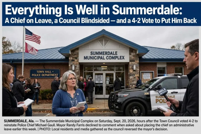 Illustration for the news story: ‘Everything Is Well in Summerdale’: A Chief on Leave, a Council Blindsided — and a 4-2 Vote to Put Him Back